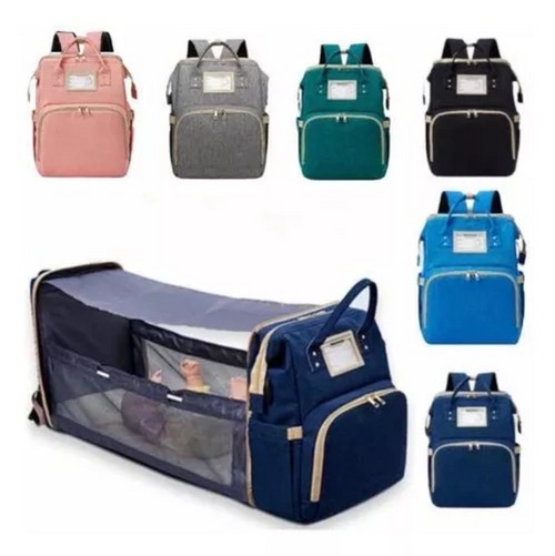 Maleta pañalera tipo morral abierta como cuna portátil, en varios colores